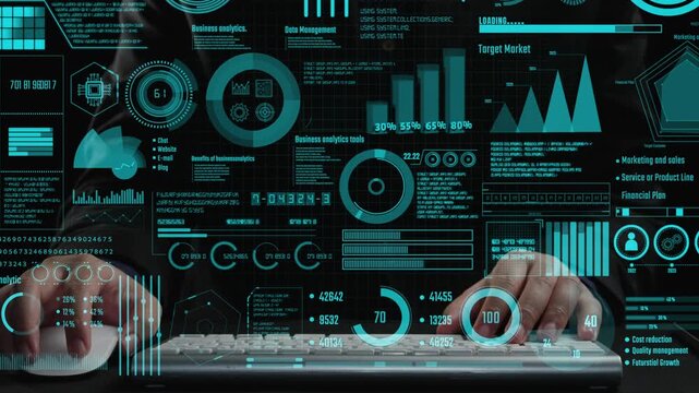 Engaging image of hands typing on a keyboard with futuristic data visualization and analytics graphics above, emphasizing insights for business decision making and strategy development. Cipher