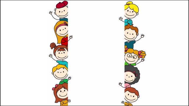 Cute cartoon children frame with happy boys and girls waving hands on white background animation