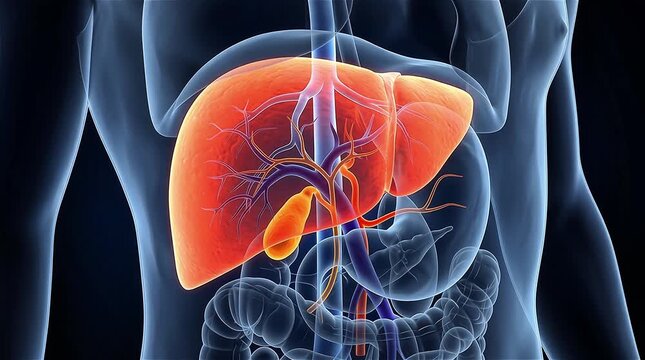 3D Medical Animation of Human Liver and Gallbladder with Glowing Orange Highlight Showing Hepatic Blood Vessels Portal Vein and Surrounding Digestive Organs Inside Transparent X-Ray Style Abdomen