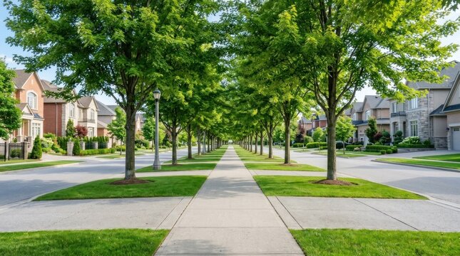 A wide, paved street stretches into the distance, lined with mature trees creating a shaded canopy. The street is flanked by well-maintained lawns and houses with traditional architectural styles.