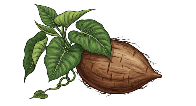Sweet potato plant with tuber and green leaves illustration.