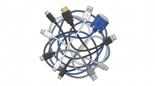 Tangled computer cables and connectors in a chaotic knot.