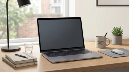 Fototapeta premium Modern laptop on wooden desk with blank screen in bright home office workspace