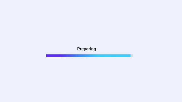 Animated preparing progress bar with gradient loading indicator and preparation status text. Clean flat motion graphic for system setup, task preparation, workflow processing, and digital technology c