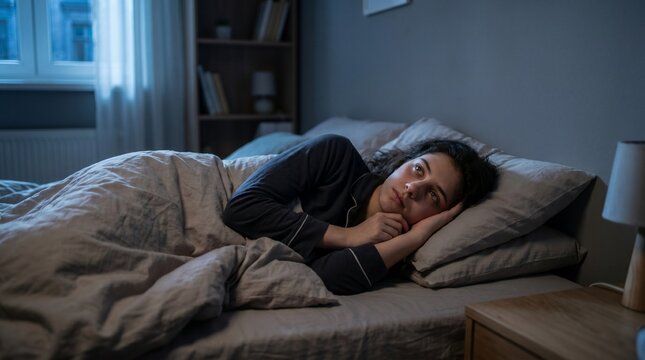 Adolescent girl lying awake in bed at night with insomnia and teenage sleep problems concept