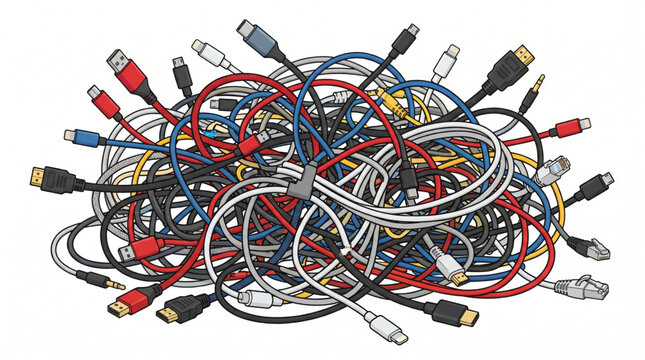 Tangled mess of colorful HDMI cables and connectors.