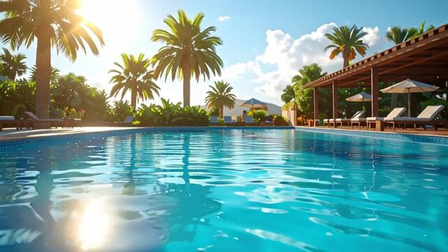 Sunny tropical resort swimming pool with wet wooden deck and palm trees