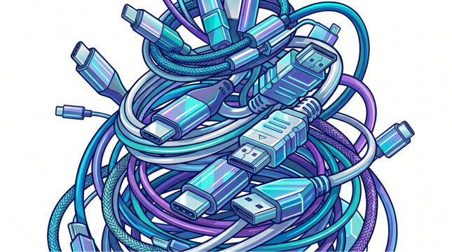 Tangled mess of HDMI cables and computer cords.
