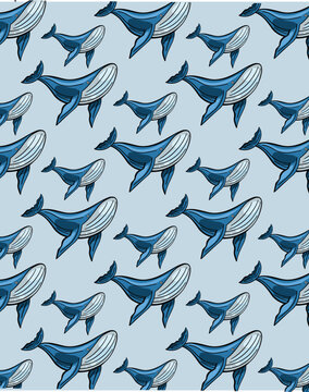 Seamless blue whale pattern design with hand-drawn vector illustrations 