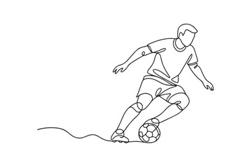 Fototapeta premium Continuous line drawing of soccer player dribbling football vector illustration.