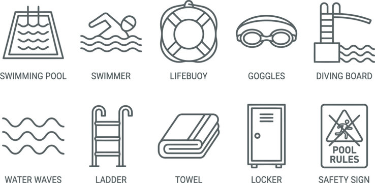 Outline Icon Set: Swimming Pool, Swimmer, Lifebuoy, Goggles, Diving Board, Waves