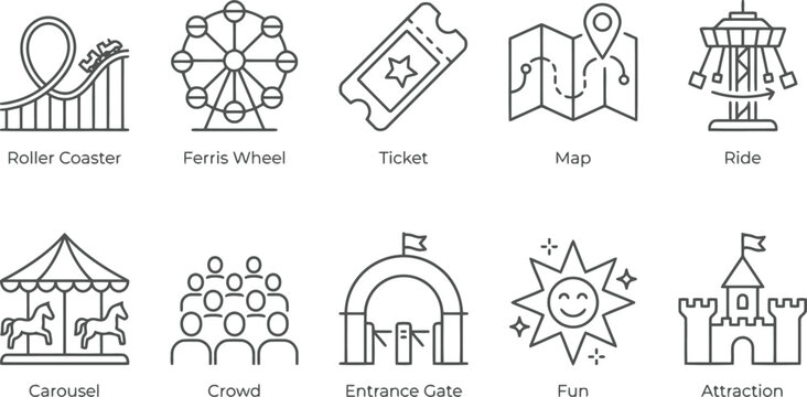 Amusement Park Icon Set: Roller Coaster, Ferris Wheel, Carousel, Ride, Fun
