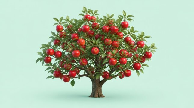 Glossy 3D render of a single dwarf apple tree isolated on a light background for professional graphic design projects, showcasing vibrant red fruit and lush green foliage in widescreen format.