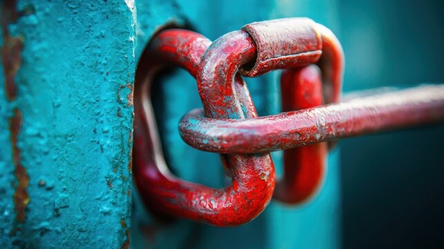 Close up of a rusty red metal chain link secured through a blue painted metal surface.