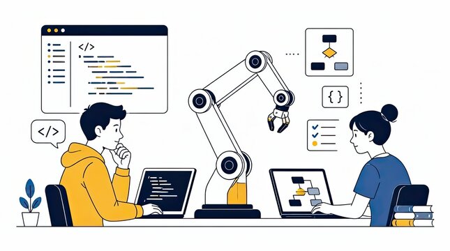 Pensive and creative professional developers collaborating with a robotic arm on software engineering projects, showcasing the intersection of human intelligence and advanced automation systems.