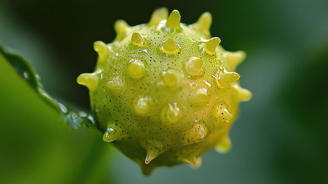 Close up of a spiky green plant gall covered in water droplets.