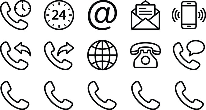 Communication and Contact Icon Set with Phone Email Mobile Support and Global Network Line Symbols