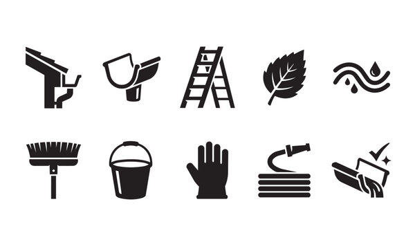 Gutter Cleaning Black Icon Pack Set Roof Maintenance Service Symbols