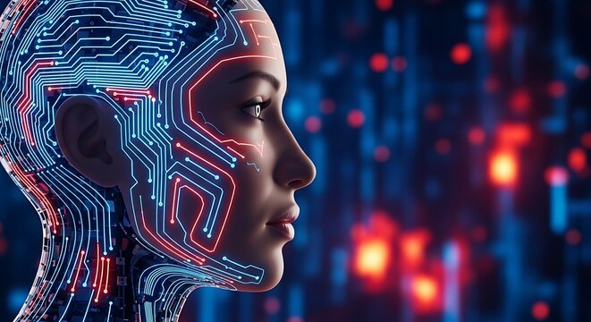 Profile view of a futuristic humanlike android with glowing digital circuit patterns
