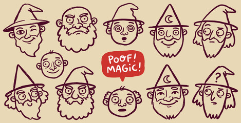 Collection of cartoon wizard faces with different expressions and hats, including a magic spell. © Riki
