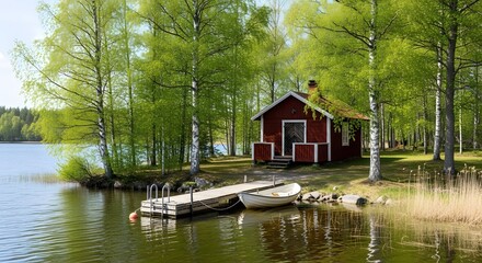 Obraz premium Red Cabin by Lake with Small Boat and Dock in Spring