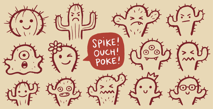 A collection of cute and grumpy cartoon cactus characters with various facial expressions and emotions, some with spikes and one with a flower.