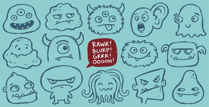 Collection of cute and funny cartoon monsters with different expressions and features, hand-drawn style.