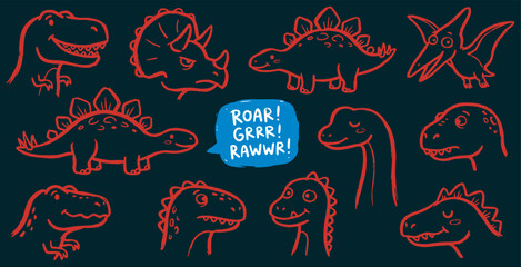 Collection of cute cartoon dinosaur illustrations with speech bubbles saying ROAR!. © Riki