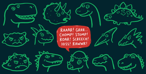 Collection of stylized dinosaur illustrations with speech bubble containing dinosaur sounds. © Riki