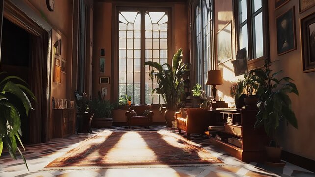 The room is full of interior and large windows full of iron.