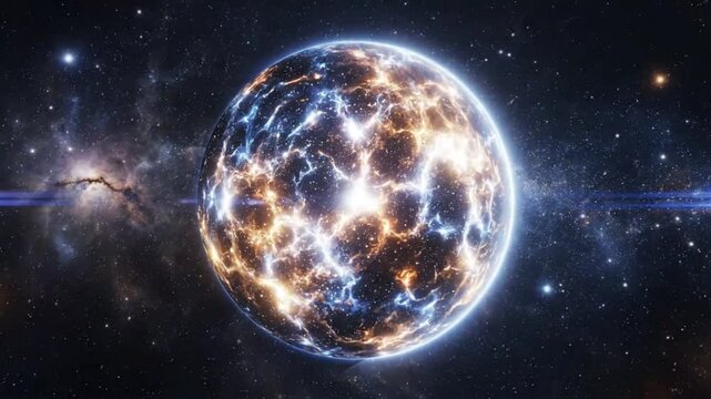 Epic CGI animation of a bright energetic star exploding in the vast, infinite cosmos filled with sparkling celestial bodies