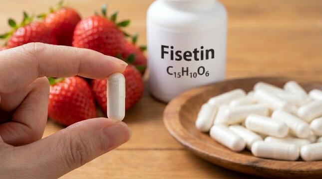 Hand holding a white Fisetin capsule. Fresh strawberries, white plastic bottle with C15H10O6 formula, and pills on a wooden table. Natural senolytic, antioxidant, and longevity concept.