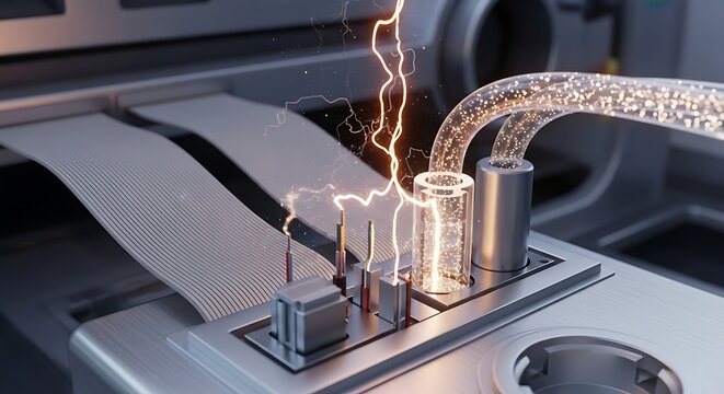 Futuristic circuit board with electrical discharge and energy flow through transparent tubes representing advanced technology and innovation