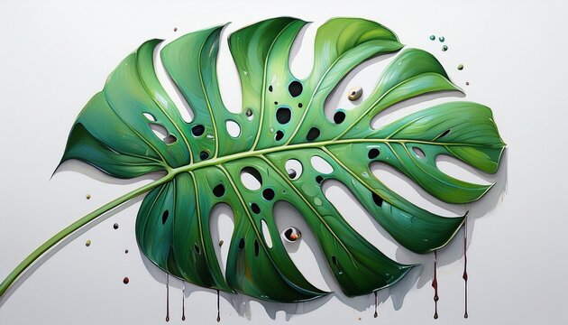 a large green monstera leaf with holes and tears on a white background