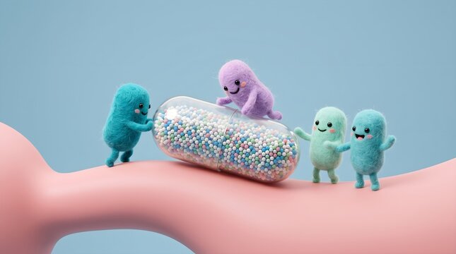 Whimsical three dimensional needle felted microbial characters interacting with a large medical capsule pill for gut health and probiotics concept
