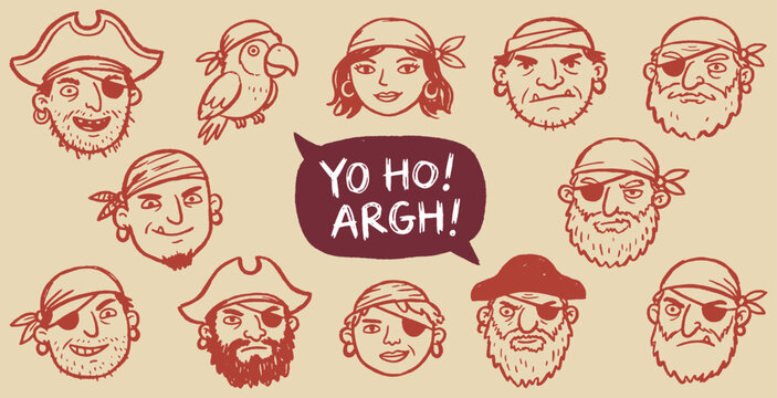 Collection of Hand-Drawn Pirate Faces and a Parrot with "Yo Ho! Argh!" Speech Bubble.