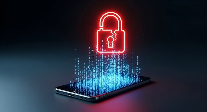 Data breach and cybersecurity concept with a broken digital padlock and binary code
