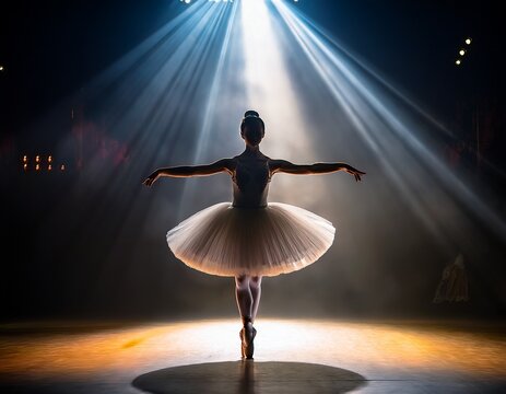 a silhouette of a ballet dancer in a tutu performing under dramatic stage lighting creating a captivating and ethereal atmosphere