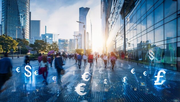 currency exchange rates fluctuate in busy urban center financial data visualization daylight dynamic city life