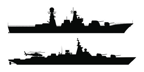 Military warship silhouette vector set, naval destroyer and frigate icons, black navy ship illustrations © Gofur Artistry