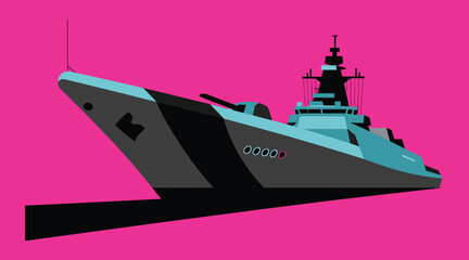 Modern naval warship vector illustration, military destroyer ship on pink background, navy vessel icon © Gofur Artistry