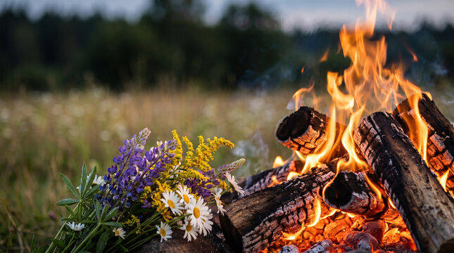 Vibrant midsummer bonfire surrounded by wildflowers in a lush meadow, with flames dancing against a twilight sky, capturing the essence of a warm seasonal celebration