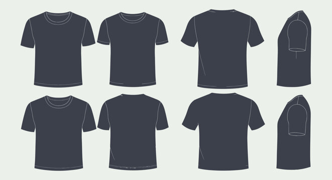 Set of dark gray plain t-shirt mockups showing front, back, and side views in a bright studio