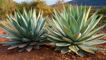 Obraz premium two large agave plants with sharp green leaves and brown soil
