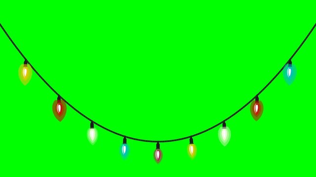 Animated colorful Christmas string lights hanging on a green screen