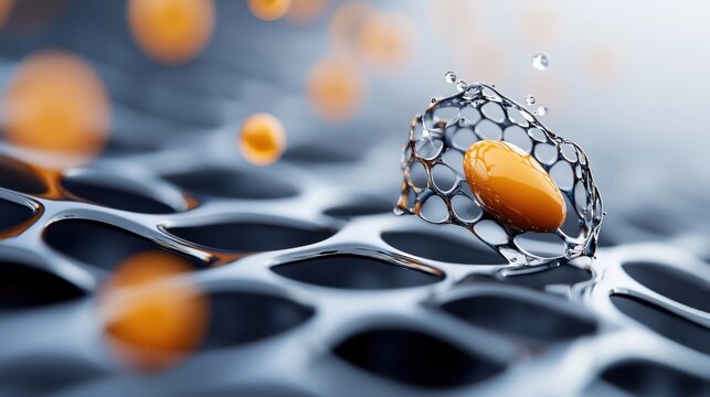 Microscopic view of a cell membrane with orange molecules and water droplets.