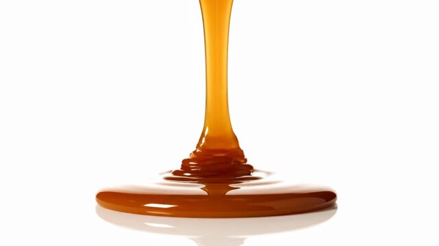 Thick golden caramel sauce dripping downwards in a slow stream, isolated on a white background with a subtle reflection. Macro shot of viscous liquid sugar for food and baking.