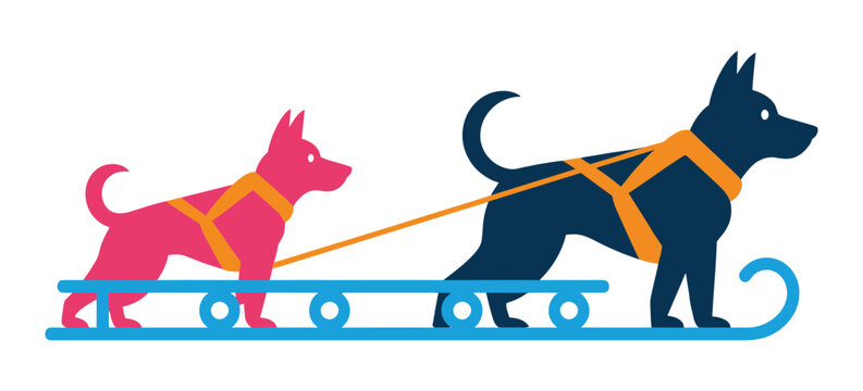 Sled dog team vector illustration, husky pulling winter sleigh, colorful canine mushing sports graphic