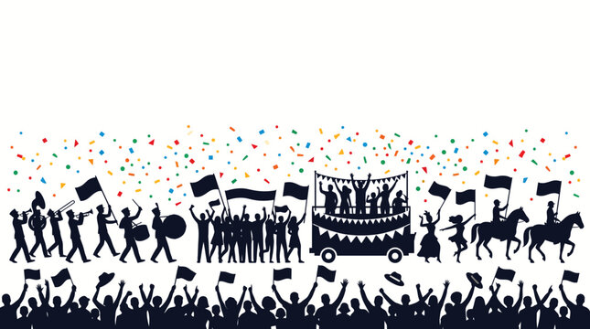 Silhouette of a Festive Street Parade Celebration with Marching Band and Crowd.