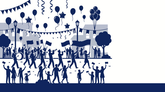 Silhouette of a joyful parade celebration with marching band and festive balloons.